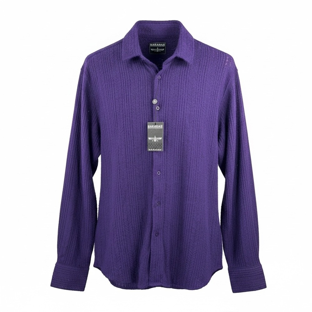 Barabas Men Large Shirt Purple Sheer Mesh Long‎ Sleeve Slim Fit Button Up Luxury